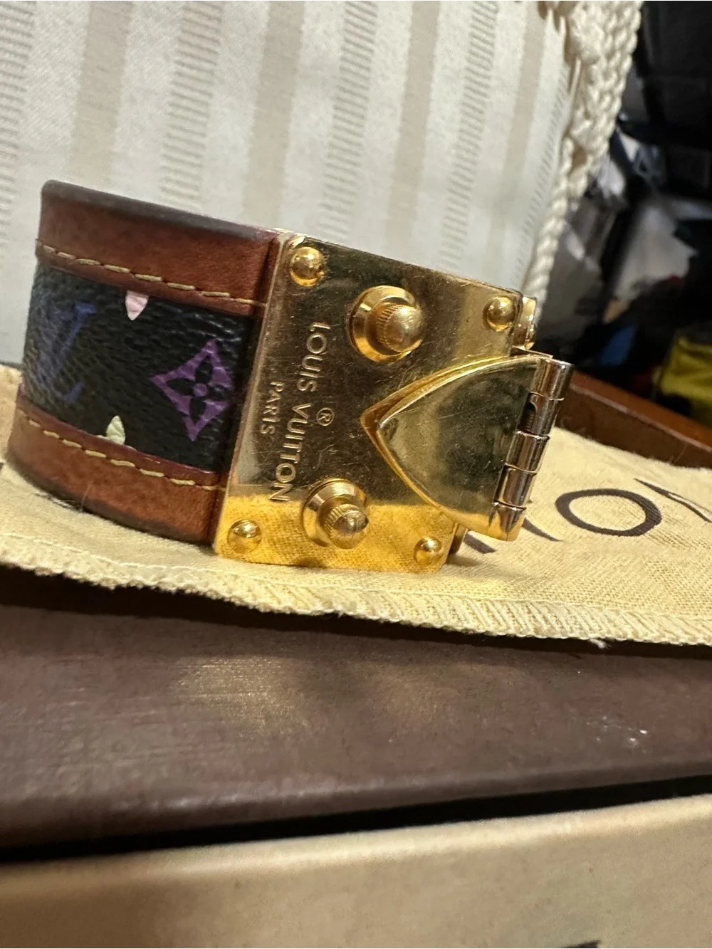 Louis Vuitton Black Monogram Multicolor Murakami S-Lock leather bracelet Cuff
